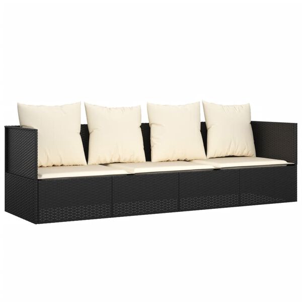 vidaXL Outdoor Lounge Bed with Cushions Black Poly Rattan