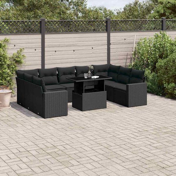 vidaXL 10 Piece Garden Sofa Set with Cushions Black Poly Rattan