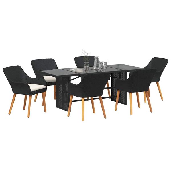 vidaXL Garden Dining Set with Cushion 7 pcs Black Poly Rattan