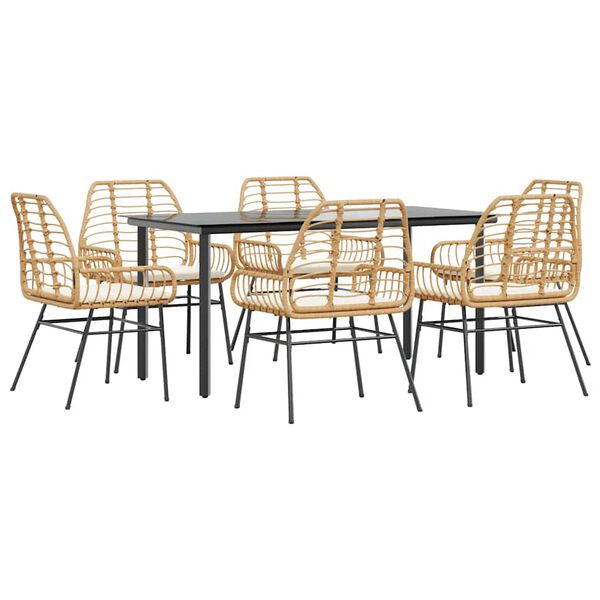 vidaXL 7 Piece Garden Dining Set with Cushions Brown Poly Rattan Glass