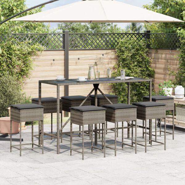 vidaXL 9 Piece Garden Bar Set with Cushions Grey Poly Rattan