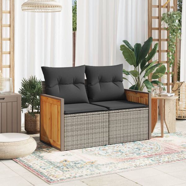 vidaXL Garden Sofa with Cushions 2-Seater Grey Poly Rattan