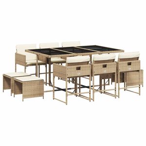 vidaXL 11 Piece Garden Dining Set with Cushions Beige Poly Rattan