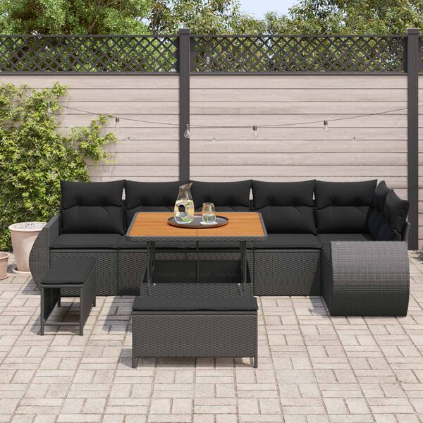 vidaXL Garden Sofa Set with Cushion 9 pcs Black Poly Rattan