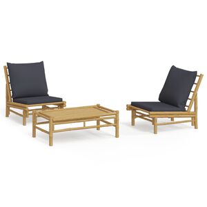 vidaXL 3 Piece Garden Lounge Set with Dark Grey Cushions Bamboo