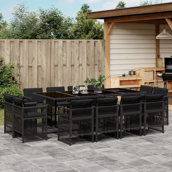 vidaXL 13 Piece Garden Dining Set with Cushions Black Poly Rattan