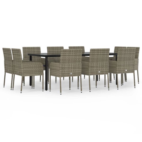 vidaXL 11 Piece Garden Dining Set with Cushions Black and Grey Poly Rattan