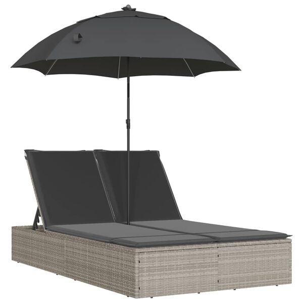 vidaXL Double Sun Lounger with Cushions&Parasol Light Grey Poly Rattan