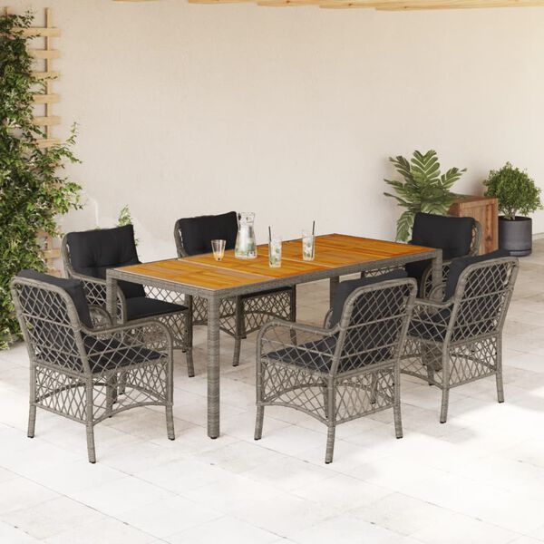 vidaXL 7 Piece Garden Dining Set with Cushions Grey Poly Rattan