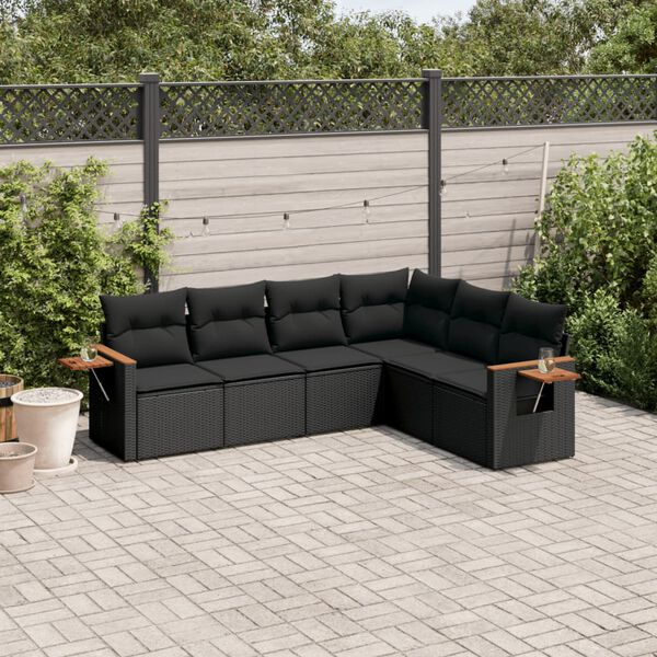 vidaXL 6 Piece Garden Sofa Set with Cushions Black Poly Rattan