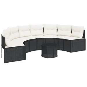 vidaXL Garden Sofa with Table&Cushions Half-Round Black Poly Rattan