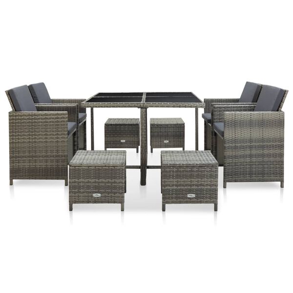 vidaXL 9 Piece Outdoor Dining Set with Cushions Poly Rattan Grey