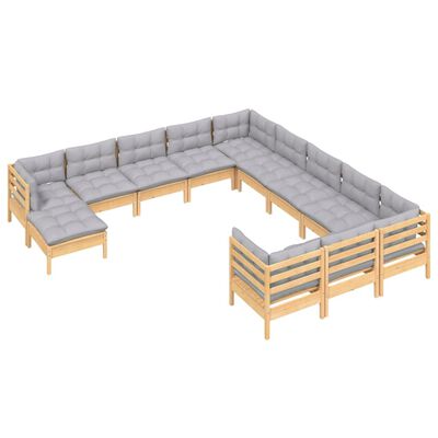 vidaXL 12 Piece Garden Lounge Set with Grey Cushions Pinewood