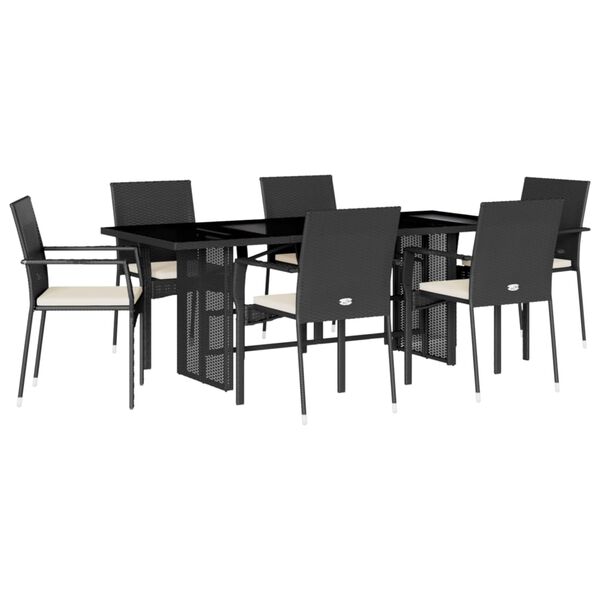 vidaXL 7 Piece Garden Dining Set with Cushions Black Poly Rattan