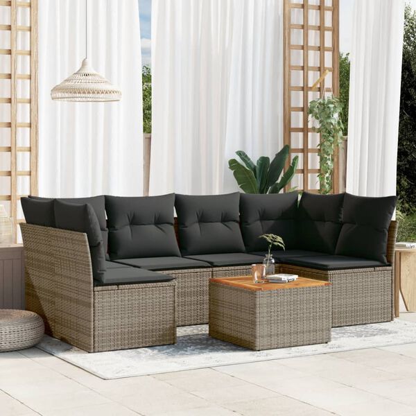 vidaXL 7 Piece Garden Sofa Set with Cushions Grey Poly Rattan