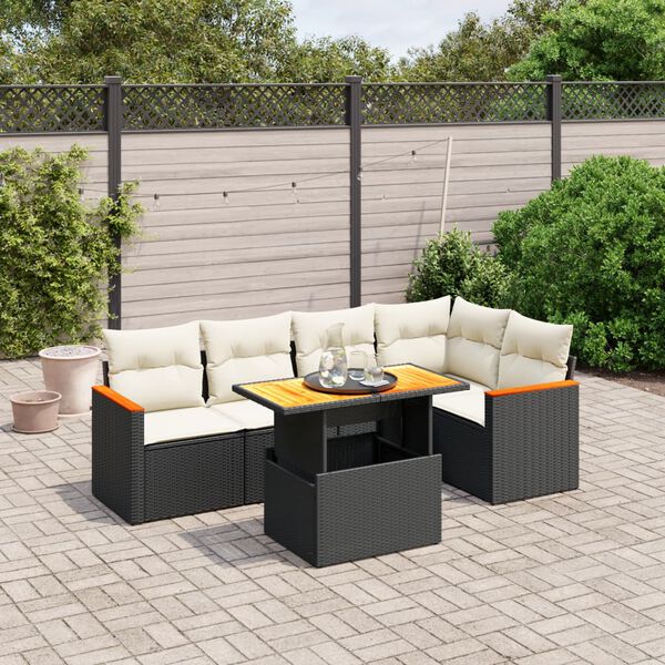 vidaXL 6 Piece Garden Sofa Set with Cushions Black Poly Rattan