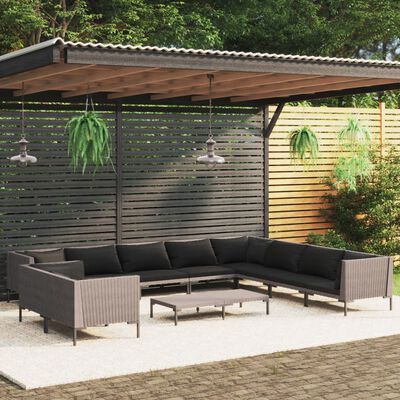 vidaXL 11 Piece Garden Lounge Set with Cushions Poly Rattan Dark Grey