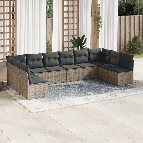 vidaXL 10 Piece Garden Sofa Set with Cushions Grey Poly Rattan
