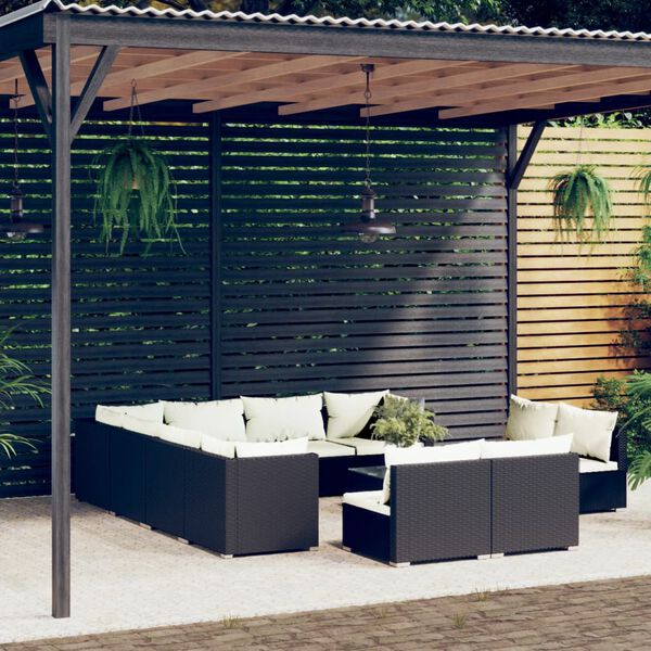 vidaXL 12 Piece Garden Lounge Set with Cushions Black Poly Rattan