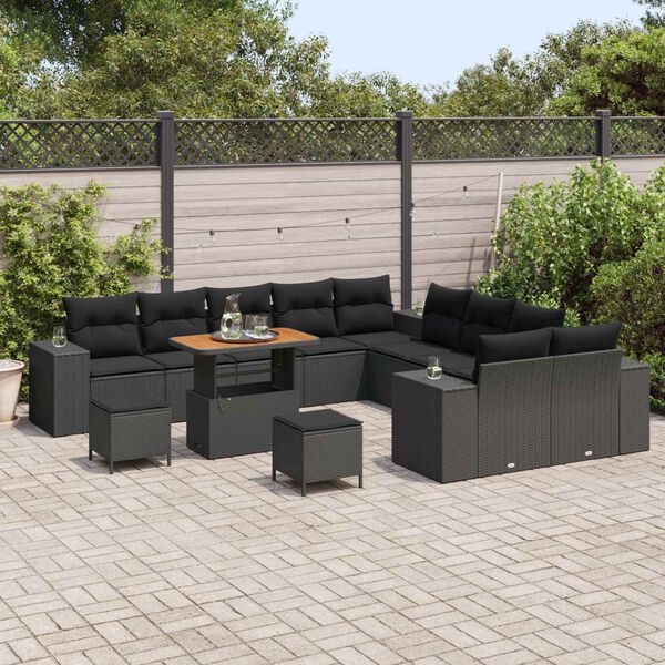 vidaXL Garden Sofa Set with Cushion 13 pcs Black Poly Rattan