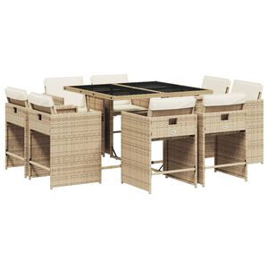 vidaXL 9 Piece Garden Dining Set with Cushions Beige Poly Rattan