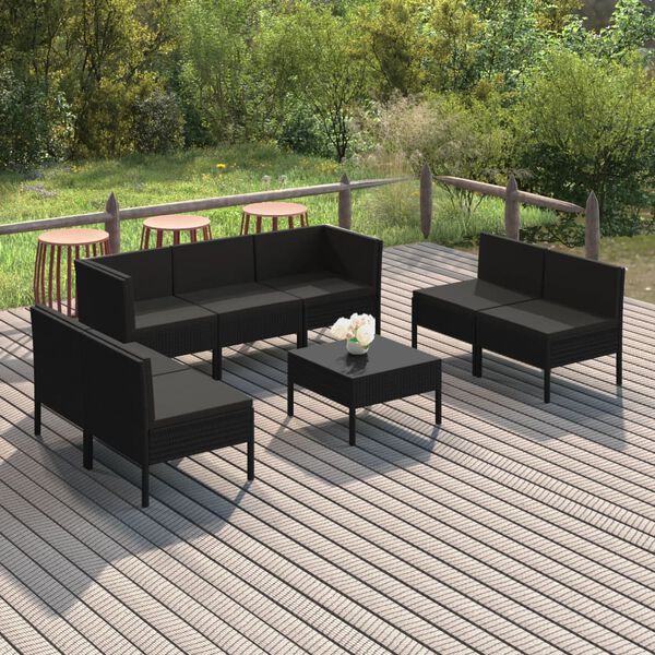 vidaXL 8 Piece Garden Lounge Set with Cushions Poly Rattan Black