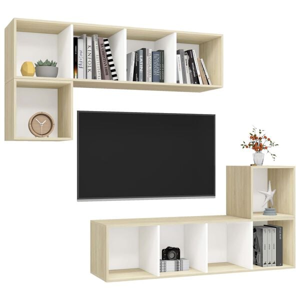 vidaXL 4 Piece TV Cabinet Set White and Sonoma Oak Engineered Wood