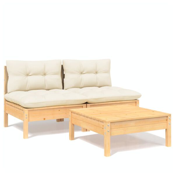 vidaXL 3 Piece Garden Lounge Set with Cream Cushions Pinewood