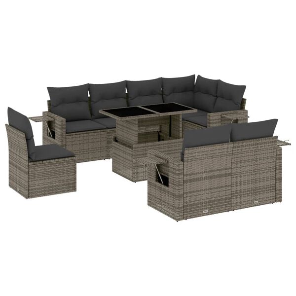 vidaXL 9 Piece Garden Sofa Set with Cushions Grey Poly Rattan