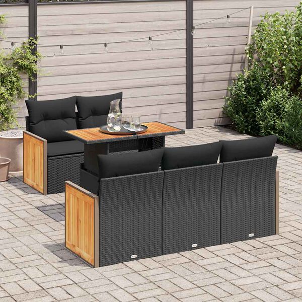vidaXL 6 Piece Garden Sofa Set with Cushions Black Poly Rattan Acacia