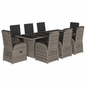 vidaXL 9 Piece Garden Dining Set with Cushions Grey Poly Rattan