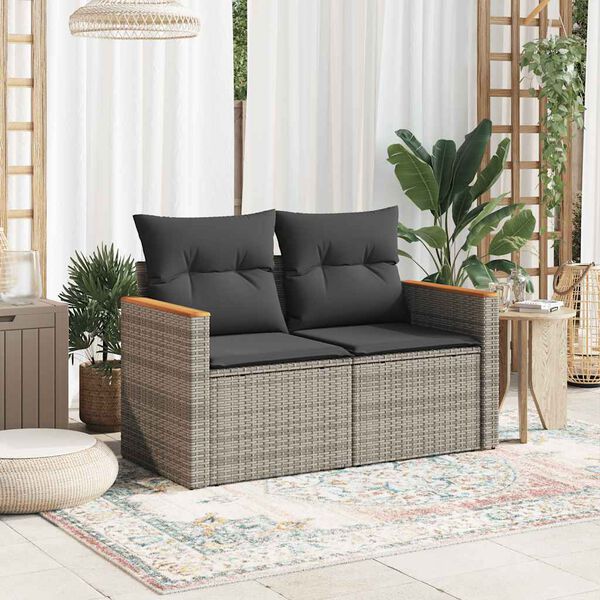 vidaXL Garden Sofa with Cushions 2-Seater Grey Poly Rattan