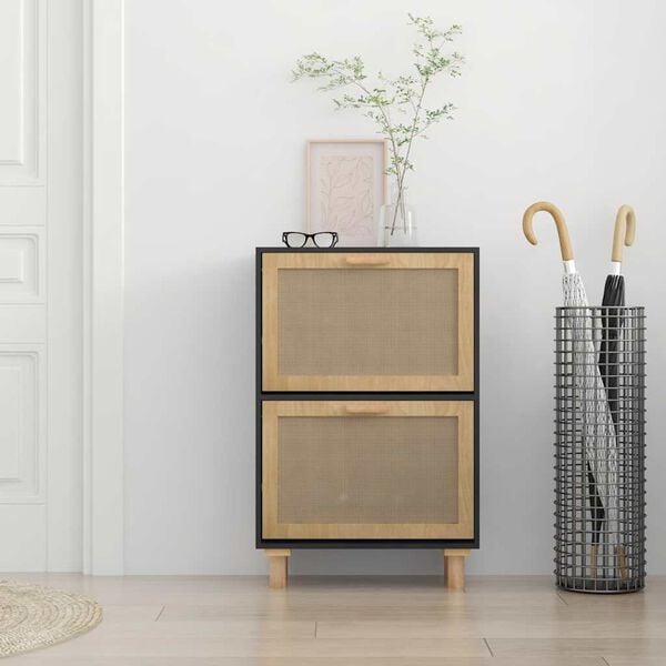 vidaXL Shoe Cabinet Black 52x25x80 cm Engineered Wood&Natural Rattan