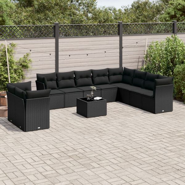 vidaXL 11 Piece Garden Sofa Set with Cushions Black Poly Rattan