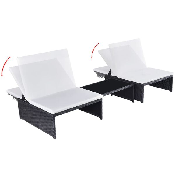 vidaXL Reclining Garden Chairs 2 pcs with Table Black Poly Rattan