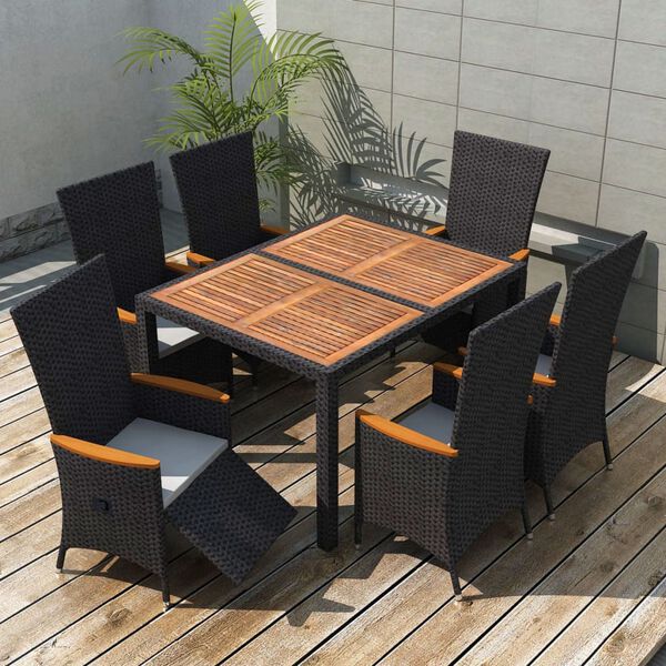 vidaXL 7 Piece Outdoor Dining Set Poly Rattan Acacia Wood Black