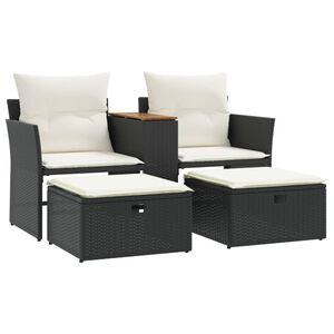 vidaXL Garden Sofa 2-Seater with Stools Black Poly Rattan