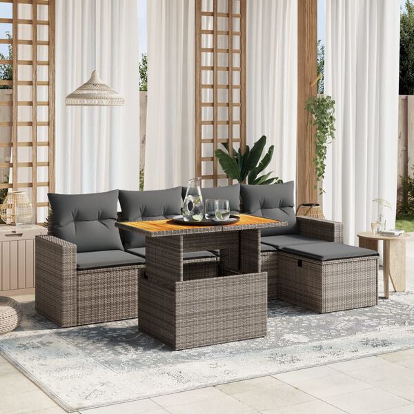 vidaXL 6 Piece Garden Sofa Set with Cushions Grey Poly Rattan