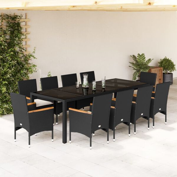 vidaXL 11 Piece Garden Dining Set with Cushions Black Poly Rattan and Glass