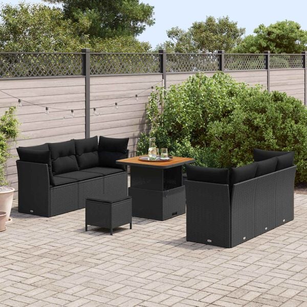 vidaXL Garden Sofa Set with Cushion 9 pcs Black Poly Rattan