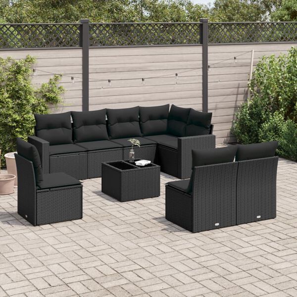 vidaXL 9 Piece Garden Sofa Set with Cushions Black Poly Rattan