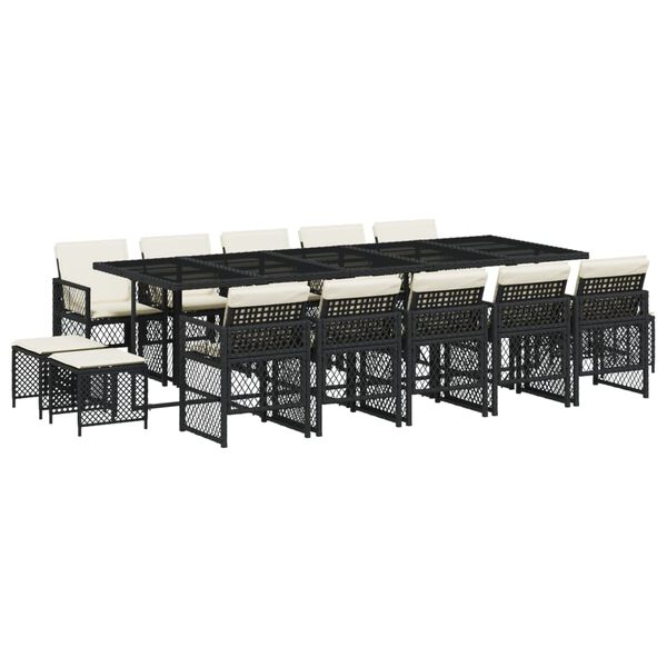 vidaXL 15 Piece Garden Dining Set with Cushions Black Poly Rattan