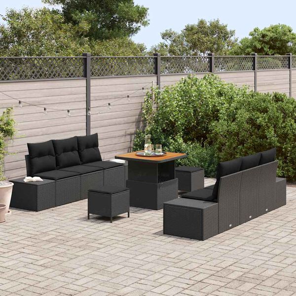 vidaXL Garden Sofa Set with Cushion 9 pcs Black Poly rattan