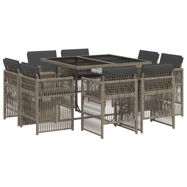 vidaXL 9 Piece Garden Dining Set with Cushions Grey Poly Rattan