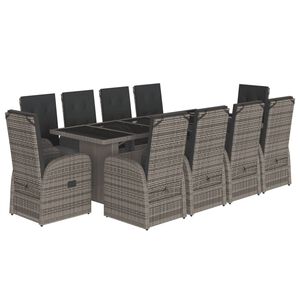 vidaXL 11 Piece Garden Dining Set with Cushions Grey Poly Rattan