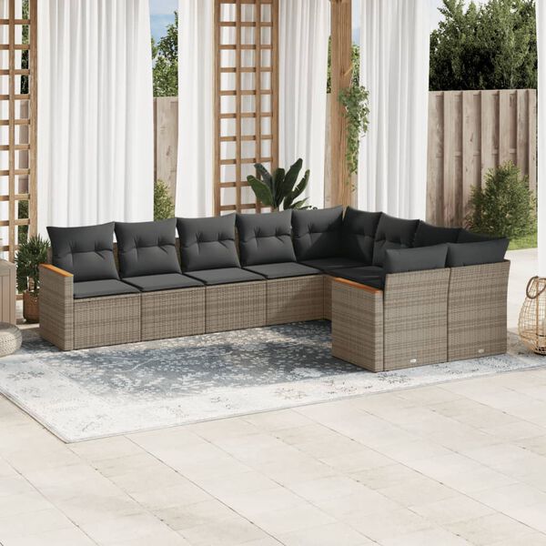 vidaXL 9 Piece Garden Sofa Set with Cushions Grey Poly Rattan