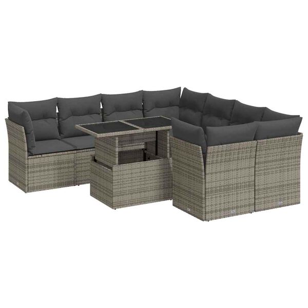 vidaXL 9 Piece Garden Sofa Set with Cushions Grey Poly Rattan