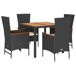 vidaXL 5 Piece Garden Dining Set with Cushions Black Poly Rattan