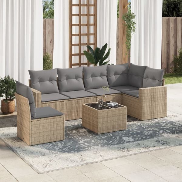 vidaXL 7 Piece Garden Sofa Set with Cushions Beige Poly Rattan