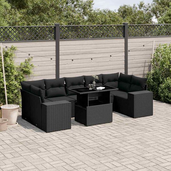 vidaXL 8 Piece Garden Sofa Set with Cushions Black Poly Rattan